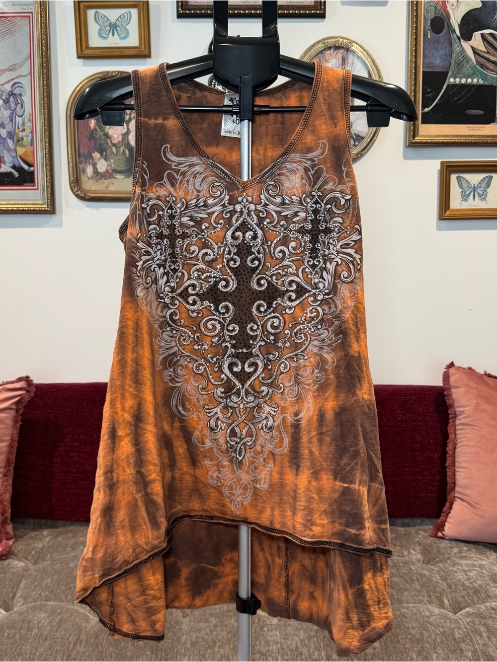 SoCal Y2K Orange Embellished Tank Top with White Scroll Design